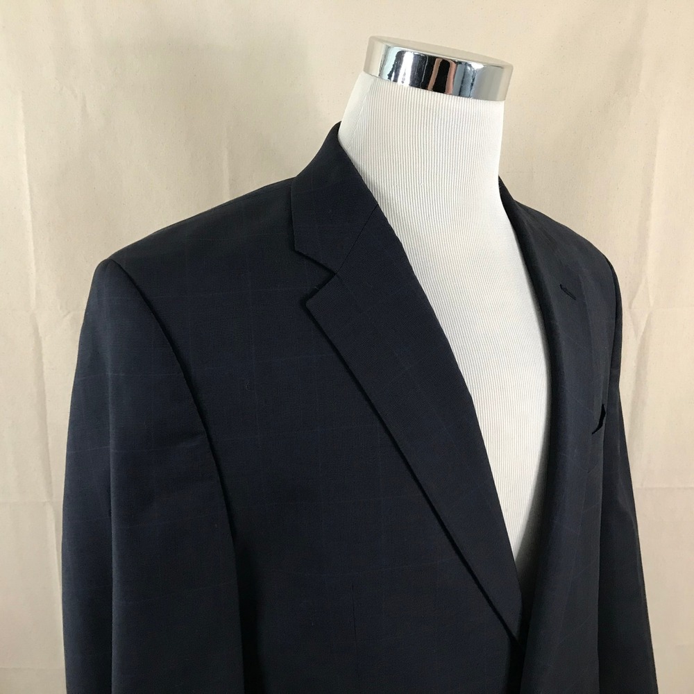 LRL Ralph Lauren 44R Sport Coat 100% Wool Navy Blue Plaid Two Button Vented